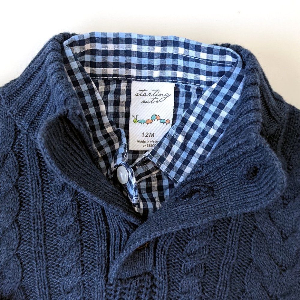 Starting Out Infant Boys Cable Knit Sweater & Blue Plaid Shirt Set, SZ 12M, NWT